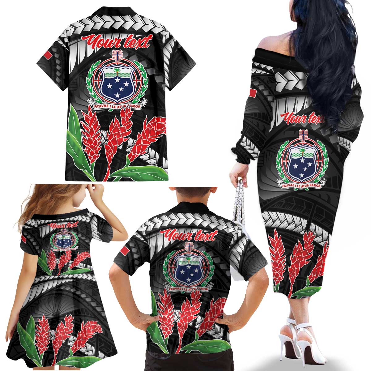 Personalised Samoa 685 Family Matching Off The Shoulder Long Sleeve Dress and Hawaiian Shirt Teuila Flower With Black Samoan Tattoo