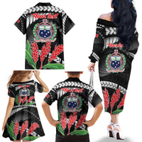 Personalised Samoa 685 Family Matching Off The Shoulder Long Sleeve Dress and Hawaiian Shirt Teuila Flower With Black Samoan Tattoo