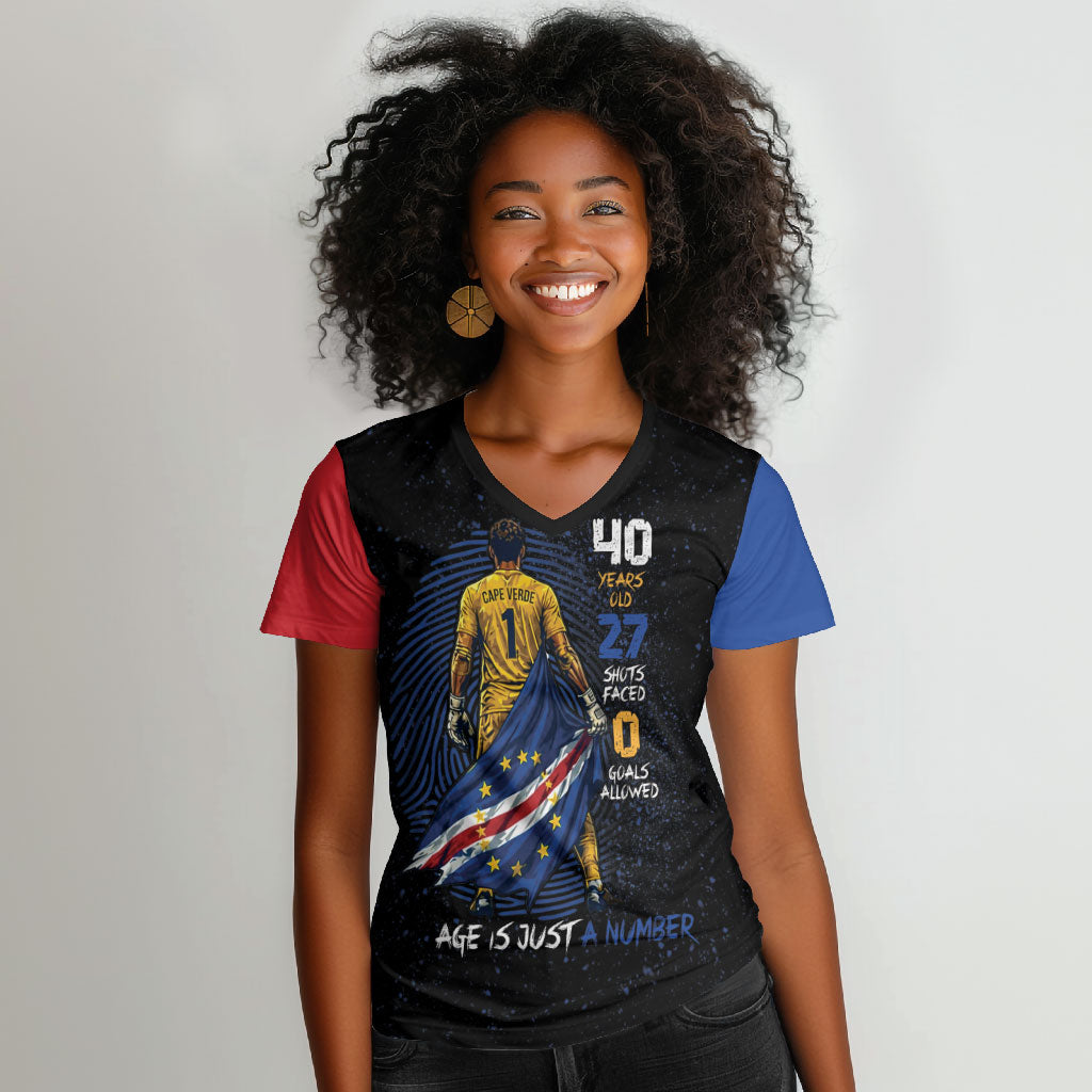 Cape Verde Goalkeeper Personalized Women V-Neck T-Shirt 40 Years Old 27 Shots Zero Goals Vintage LT9 Female Black - Polynesian Pride