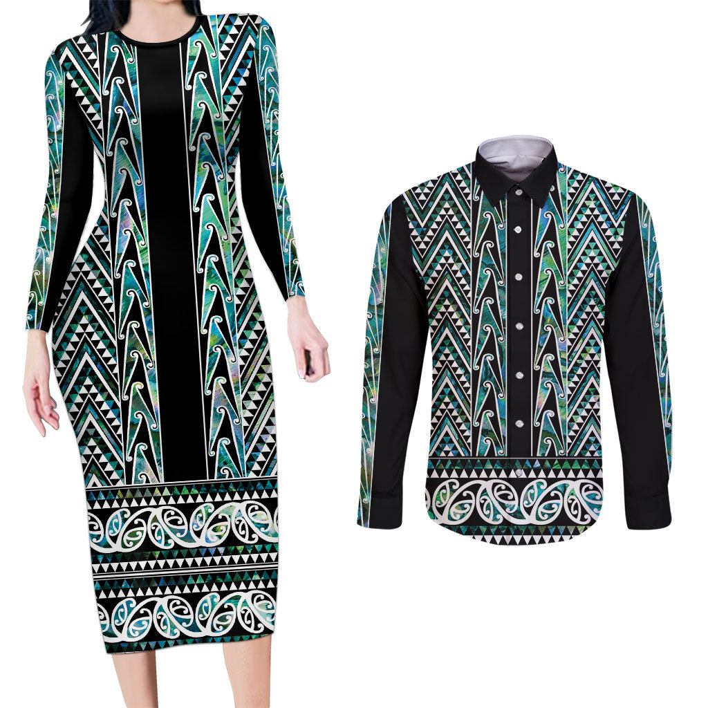 New Zealand Maori Niho Taniwha Couples Matching Long Sleeve Bodycon Dress and Long Sleeve Button Shirt Papua Shell - Mangopare Puhoro Pattern LT9 Green - Polynesian Pride