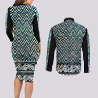 New Zealand Maori Niho Taniwha Couples Matching Long Sleeve Bodycon Dress and Long Sleeve Button Shirt Papua Shell - Mangopare Puhoro Pattern