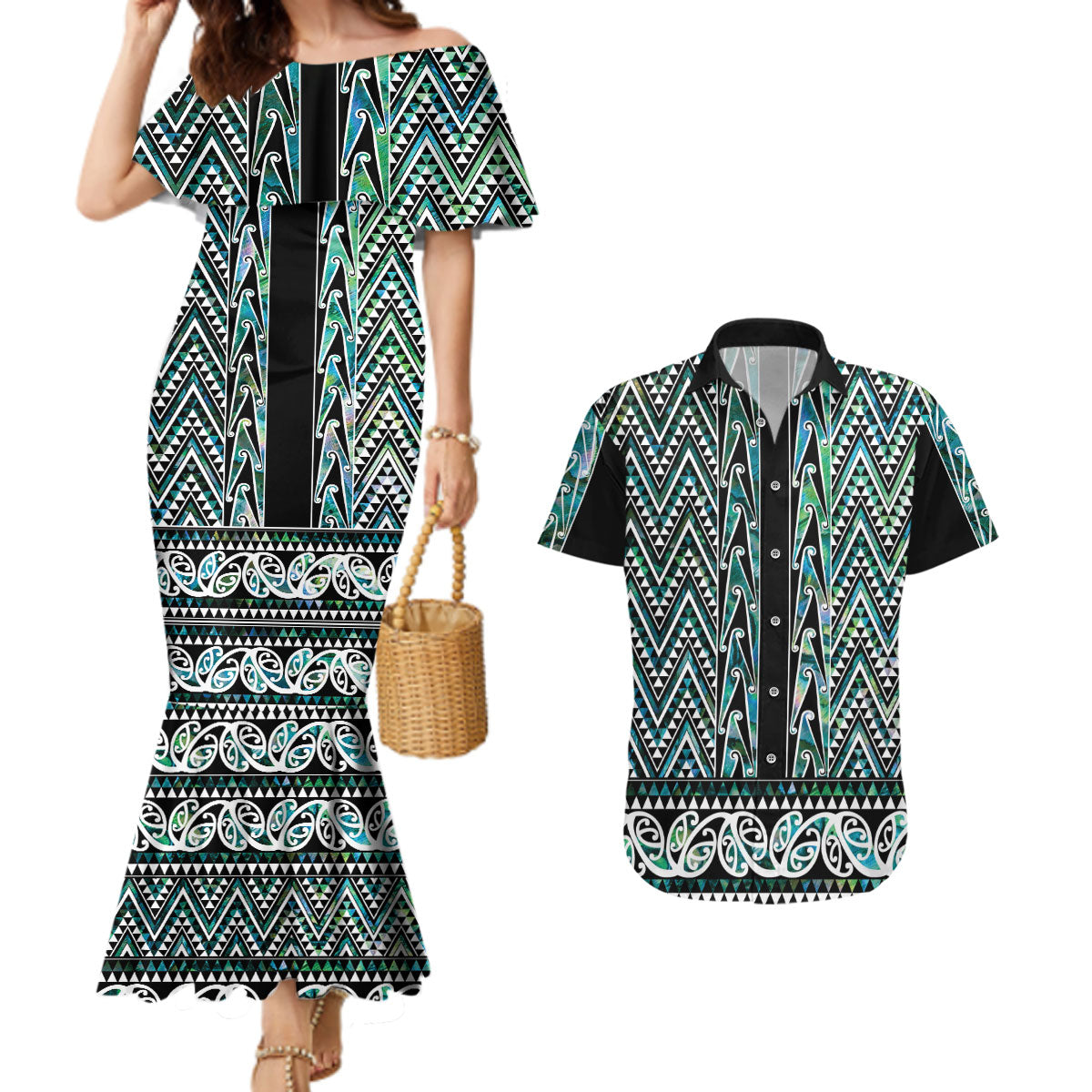 New Zealand Maori Niho Taniwha Couples Matching Mermaid Dress and Hawaiian Shirt Papua Shell - Mangopare Puhoro Pattern
