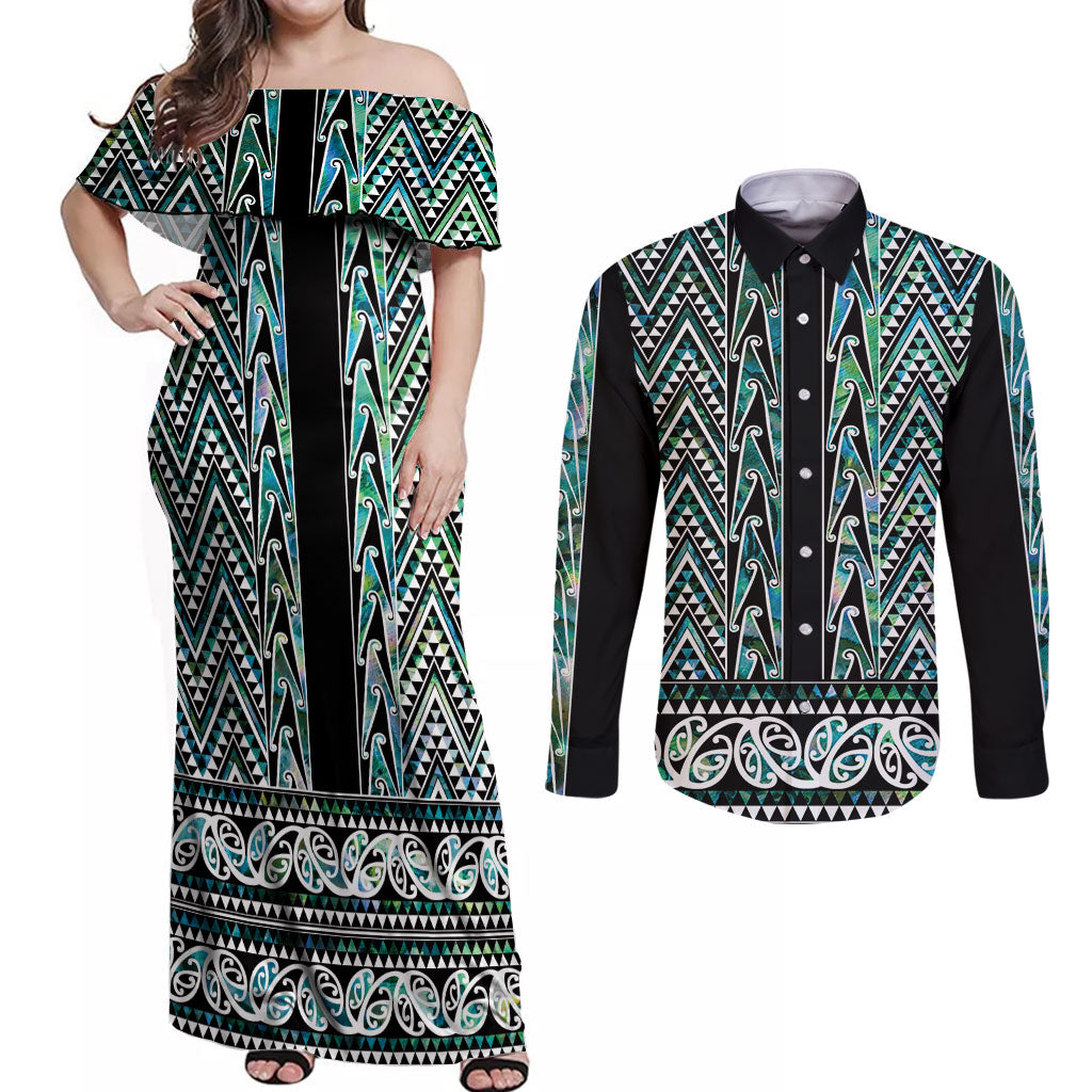 New Zealand Maori Niho Taniwha Couples Matching Off Shoulder Maxi Dress and Long Sleeve Button Shirt Papua Shell - Mangopare Puhoro Pattern LT9 Green - Polynesian Pride