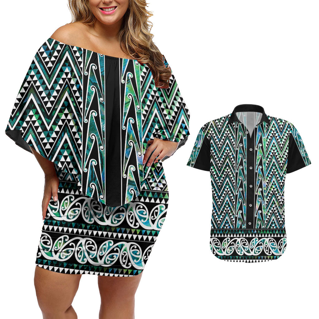 New Zealand Maori Niho Taniwha Couples Matching Off Shoulder Short Dress and Hawaiian Shirt Papua Shell - Mangopare Puhoro Pattern LT9 Green - Polynesian Pride