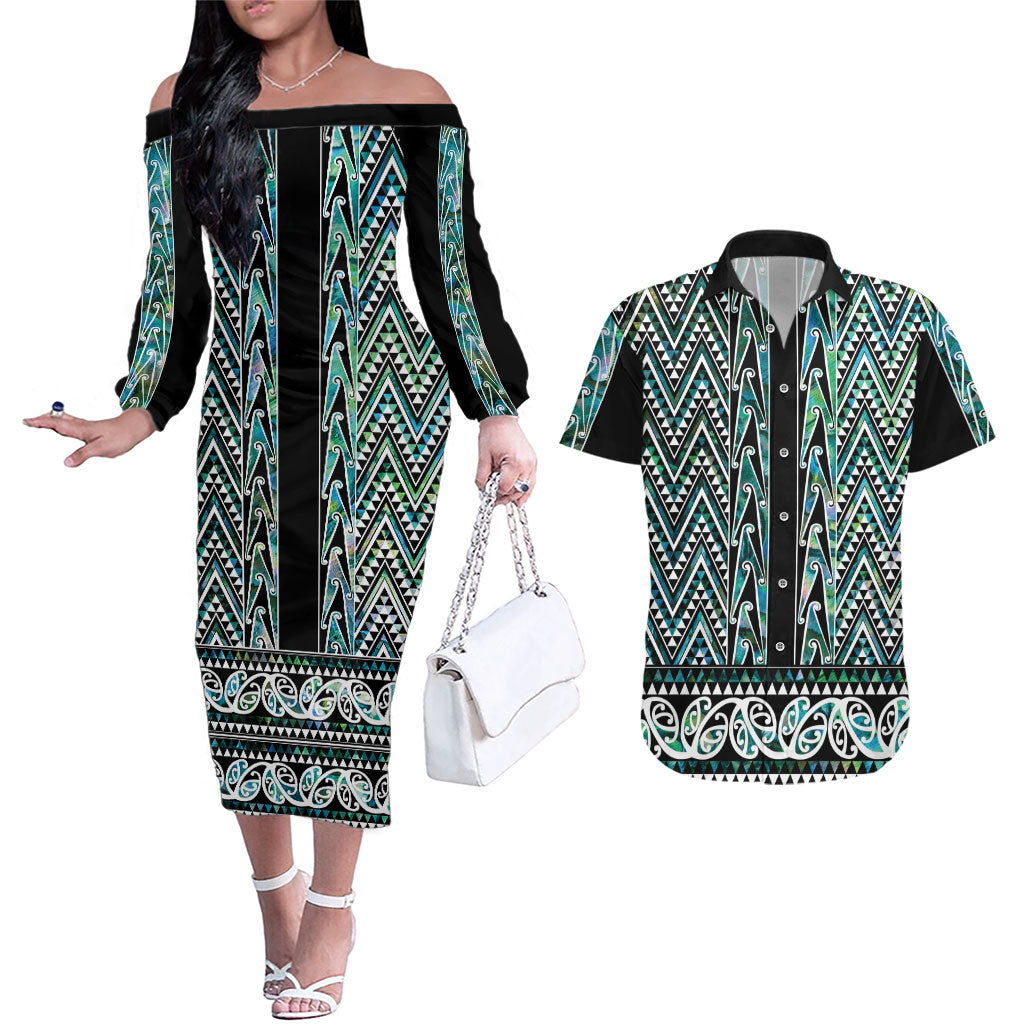 New Zealand Maori Niho Taniwha Couples Matching Off The Shoulder Long Sleeve Dress and Hawaiian Shirt Papua Shell - Mangopare Puhoro Pattern LT9 Green - Polynesian Pride