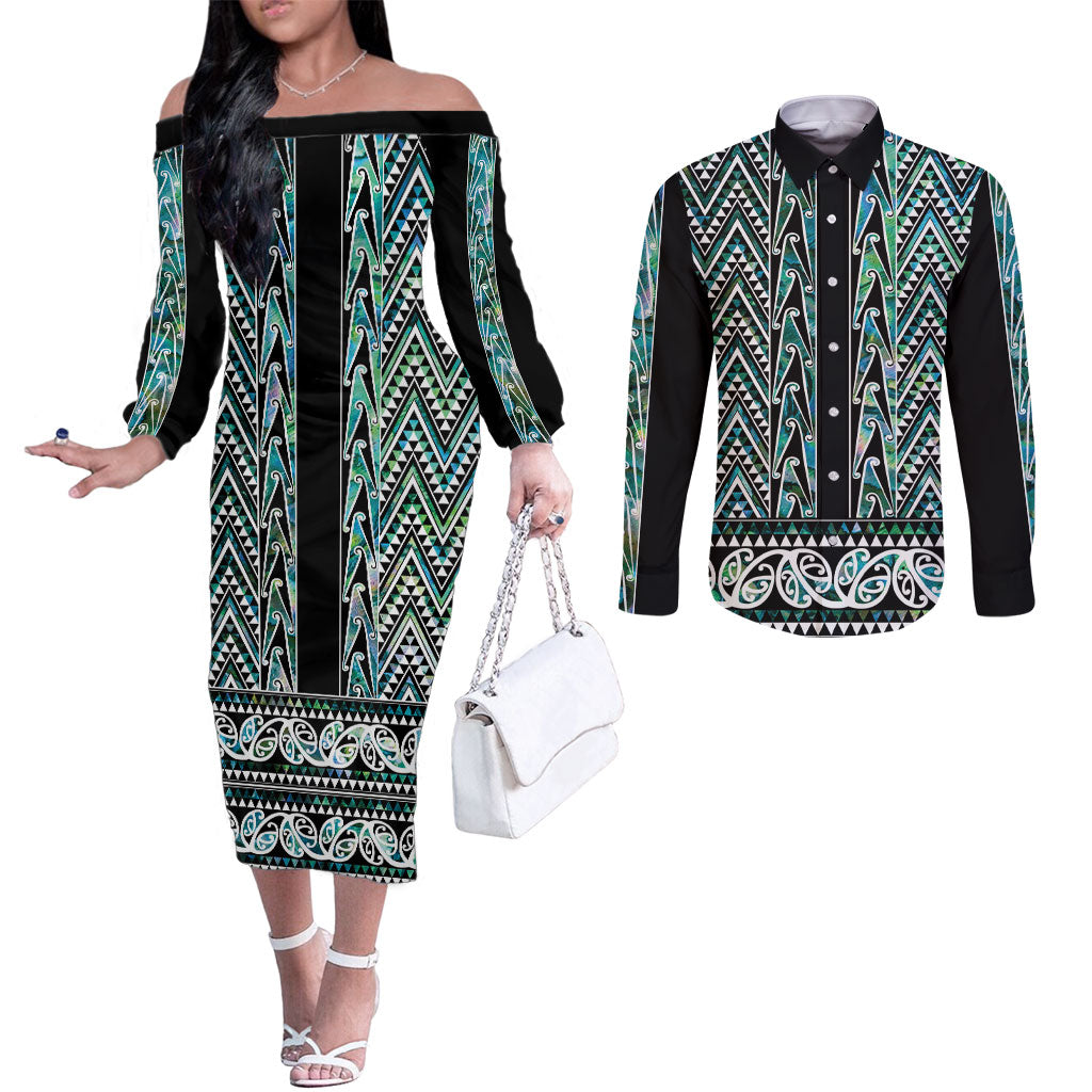 New Zealand Maori Niho Taniwha Couples Matching Off The Shoulder Long Sleeve Dress and Long Sleeve Button Shirt Papua Shell - Mangopare Puhoro Pattern LT9 Green - Polynesian Pride