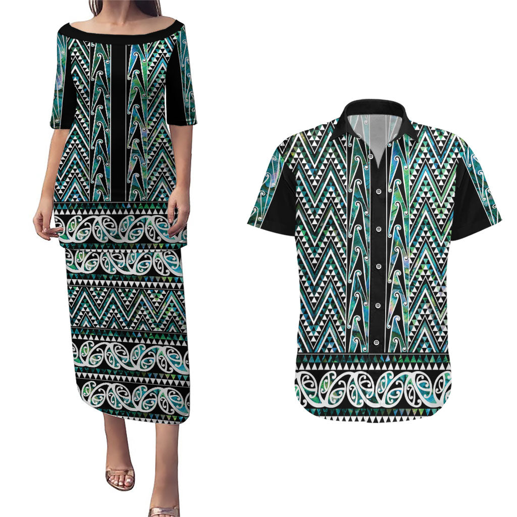 New Zealand Maori Niho Taniwha Couples Matching Puletasi and Hawaiian Shirt Papua Shell - Mangopare Puhoro Pattern