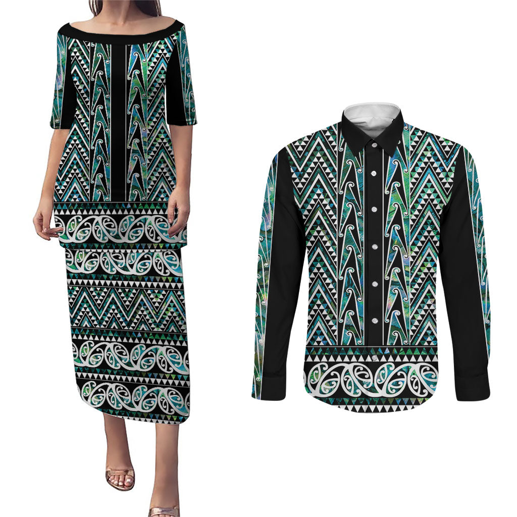 New Zealand Maori Niho Taniwha Couples Matching Puletasi and Long Sleeve Button Shirt Papua Shell - Mangopare Puhoro Pattern LT9 Green - Polynesian Pride