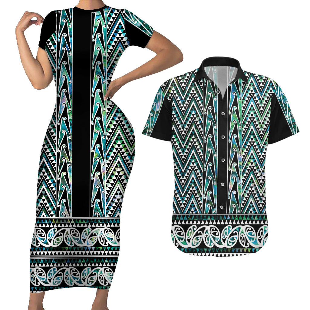 New Zealand Maori Niho Taniwha Couples Matching Short Sleeve Bodycon Dress and Hawaiian Shirt Papua Shell - Mangopare Puhoro Pattern LT9 Green - Polynesian Pride
