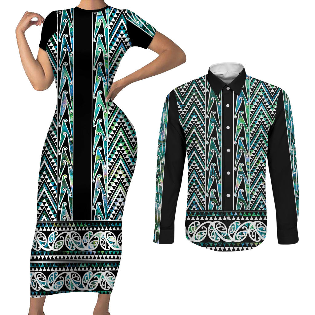 New Zealand Maori Niho Taniwha Couples Matching Short Sleeve Bodycon Dress and Long Sleeve Button Shirt Papua Shell - Mangopare Puhoro Pattern