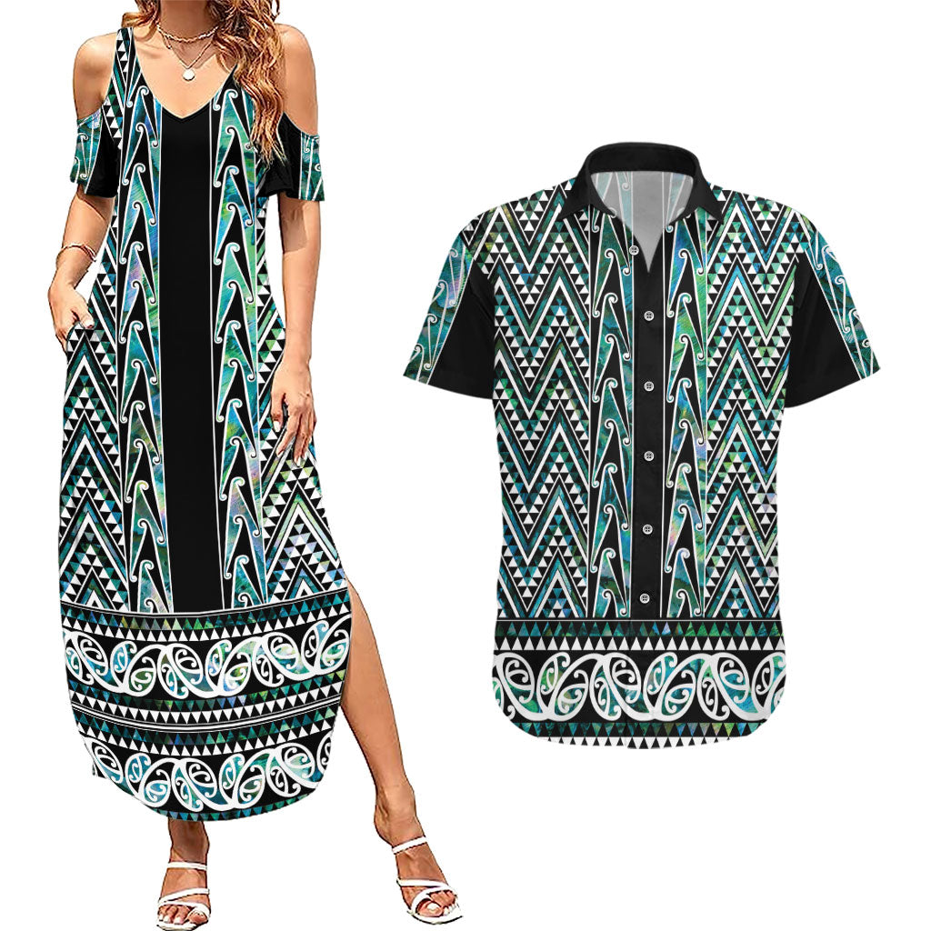New Zealand Maori Niho Taniwha Couples Matching Summer Maxi Dress and Hawaiian Shirt Papua Shell - Mangopare Puhoro Pattern