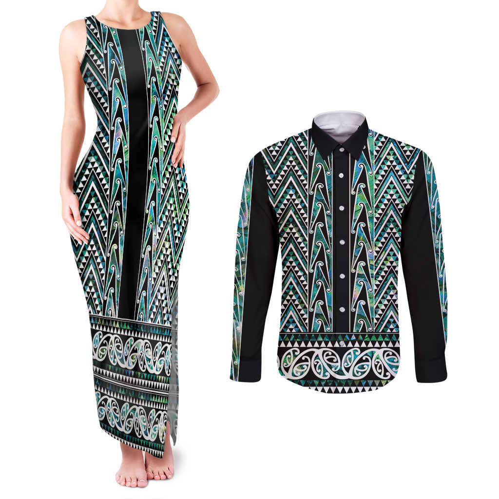 New Zealand Maori Niho Taniwha Couples Matching Tank Maxi Dress and Long Sleeve Button Shirt Papua Shell - Mangopare Puhoro Pattern LT9 Green - Polynesian Pride