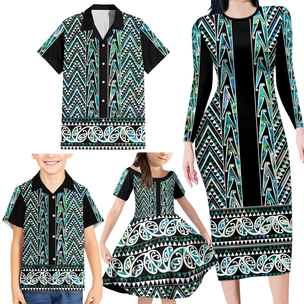 New Zealand Maori Niho Taniwha Family Matching Long Sleeve Bodycon Dress and Hawaiian Shirt Papua Shell - Mangopare Puhoro Pattern LT9 - Polynesian Pride