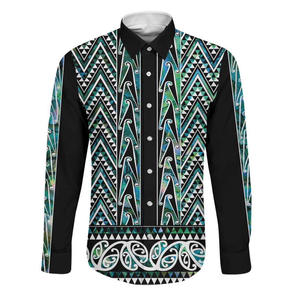 New Zealand Maori Niho Taniwha Family Matching Mermaid Dress and Hawaiian Shirt Papua Shell - Mangopare Puhoro Pattern LT9 Dad's Shirt - Long Sleeve Green - Polynesian Pride