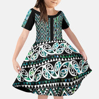 New Zealand Maori Niho Taniwha Family Matching Off The Shoulder Long Sleeve Dress and Hawaiian Shirt Papua Shell - Mangopare Puhoro Pattern LT9 Daughter's Dress Green - Polynesian Pride