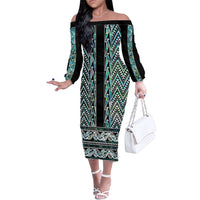 New Zealand Maori Niho Taniwha Family Matching Off The Shoulder Long Sleeve Dress and Hawaiian Shirt Papua Shell - Mangopare Puhoro Pattern LT9 Mom's Dress Green - Polynesian Pride