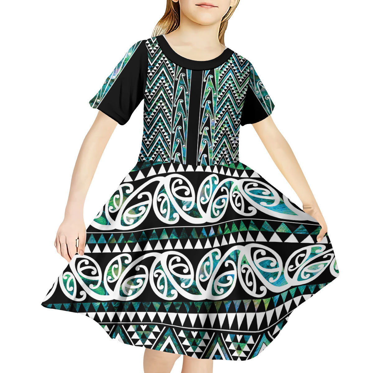 New Zealand Maori Niho Taniwha Kid Short Sleeve Dress Papua Shell - Mangopare Puhoro Pattern