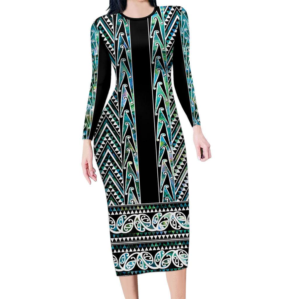 New Zealand Maori Niho Taniwha Long Sleeve Bodycon Dress Papua Shell - Mangopare Puhoro Pattern LT9 Long Dress Green - Polynesian Pride