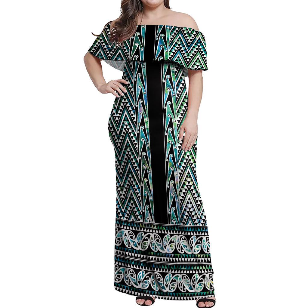 New Zealand Maori Niho Taniwha Off Shoulder Maxi Dress Papua Shell - Mangopare Puhoro Pattern LT9 Women Green - Polynesian Pride