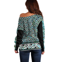 New Zealand Maori Niho Taniwha Off Shoulder Sweater Papua Shell - Mangopare Puhoro Pattern