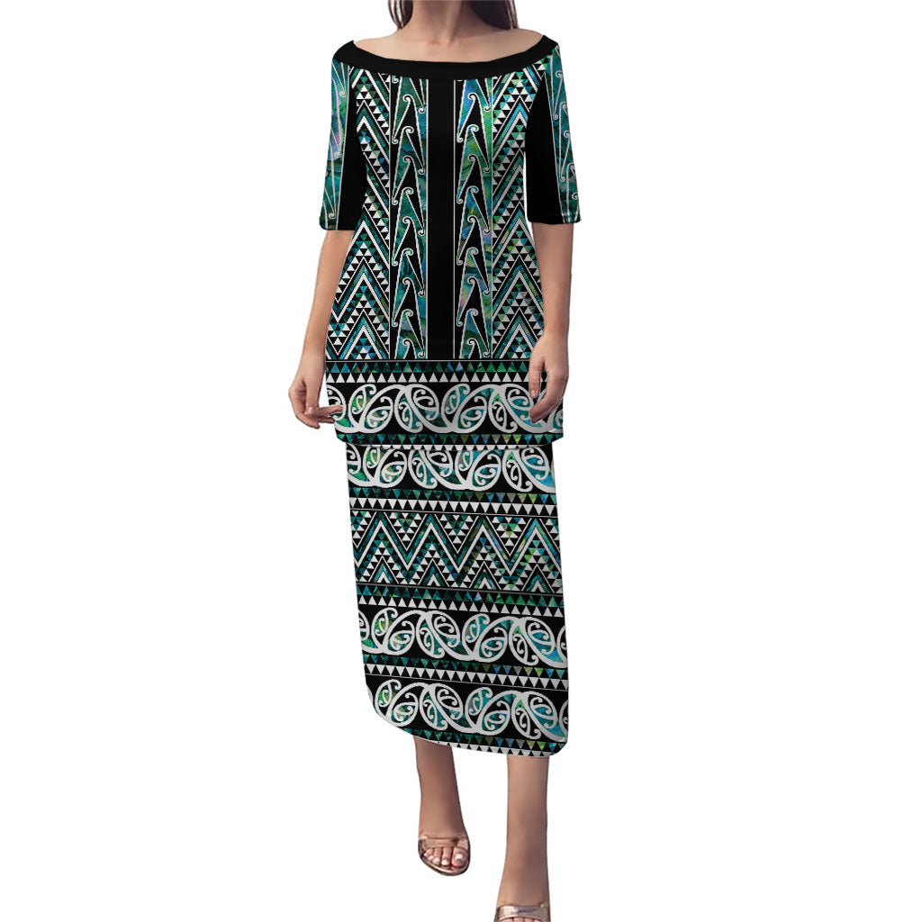 New Zealand Maori Niho Taniwha Puletasi Papua Shell - Mangopare Puhoro Pattern LT9 Long Dress Green - Polynesian Pride