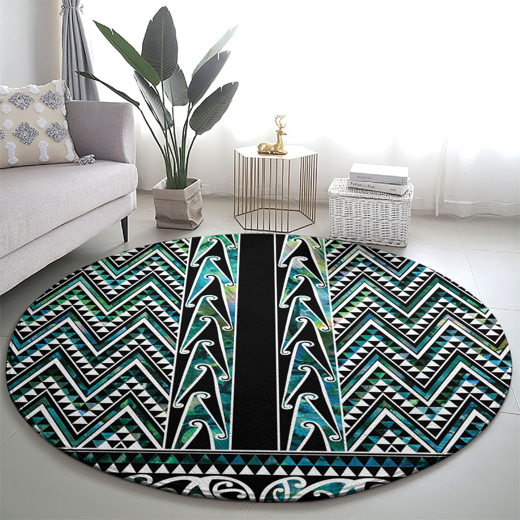 New Zealand Maori Niho Taniwha Round Carpet Papua Shell - Mangopare Puhoro Pattern