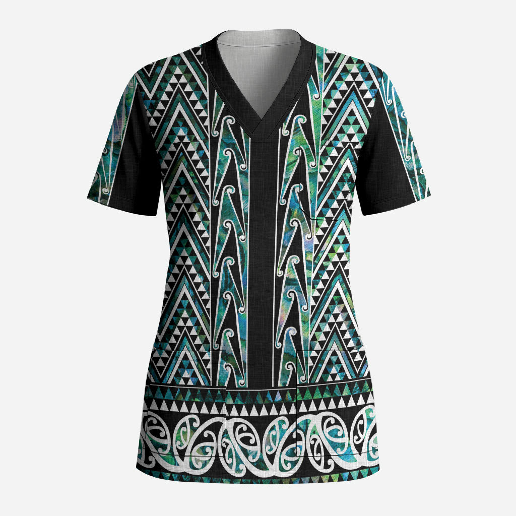 New Zealand Maori Niho Taniwha Scrub Top Papua Shell - Mangopare Puhoro Pattern LT9 Adult Green - Polynesian Pride