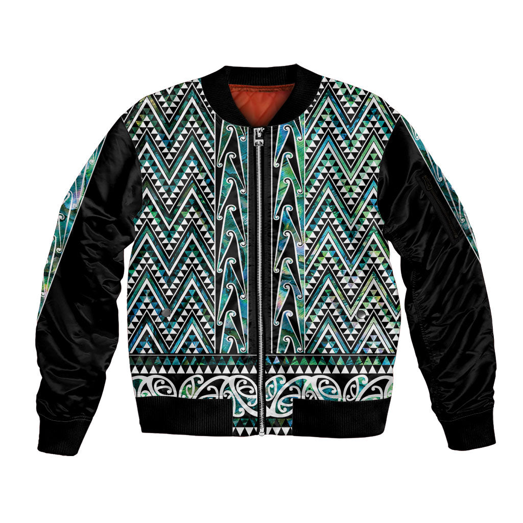 New Zealand Maori Niho Taniwha Sleeve Zip Bomber Jacket Papua Shell - Mangopare Puhoro Pattern LT9 Unisex Green - Polynesian Pride