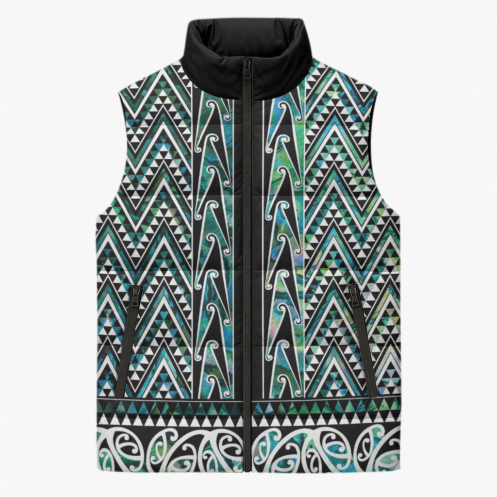 New Zealand Maori Niho Taniwha Sleeveless Puffer Jacket Papua Shell - Mangopare Puhoro Pattern