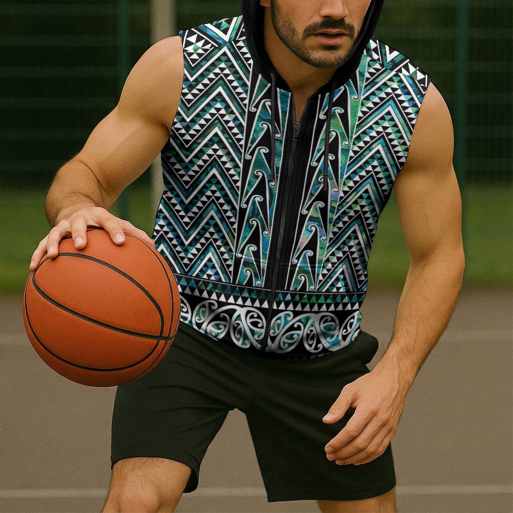 New Zealand Maori Niho Taniwha Sleeveless Zip Hoodie Papua Shell - Mangopare Puhoro Pattern