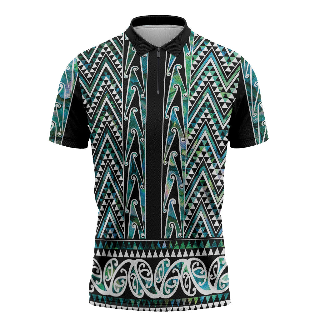 New Zealand Maori Niho Taniwha Zipper Polo Shirt Papua Shell - Mangopare Puhoro Pattern LT9 Green - Polynesian Pride