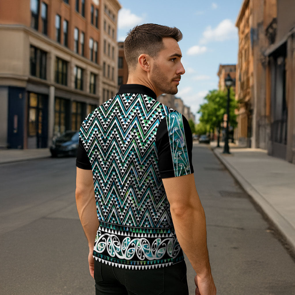 New Zealand Maori Niho Taniwha Zipper Polo Shirt Papua Shell - Mangopare Puhoro Pattern