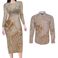 Hawaii Monk Seal and Map Couples Matching Long Sleeve Bodycon Dress and Long Sleeve Button Shirt Polynesian Kanaka Maoli Beige Vibe LT9 Beige - Polynesian Pride