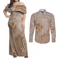 Hawaii Monk Seal and Map Couples Matching Off Shoulder Maxi Dress and Long Sleeve Button Shirt Polynesian Kanaka Maoli Beige Vibe LT9 Beige - Polynesian Pride