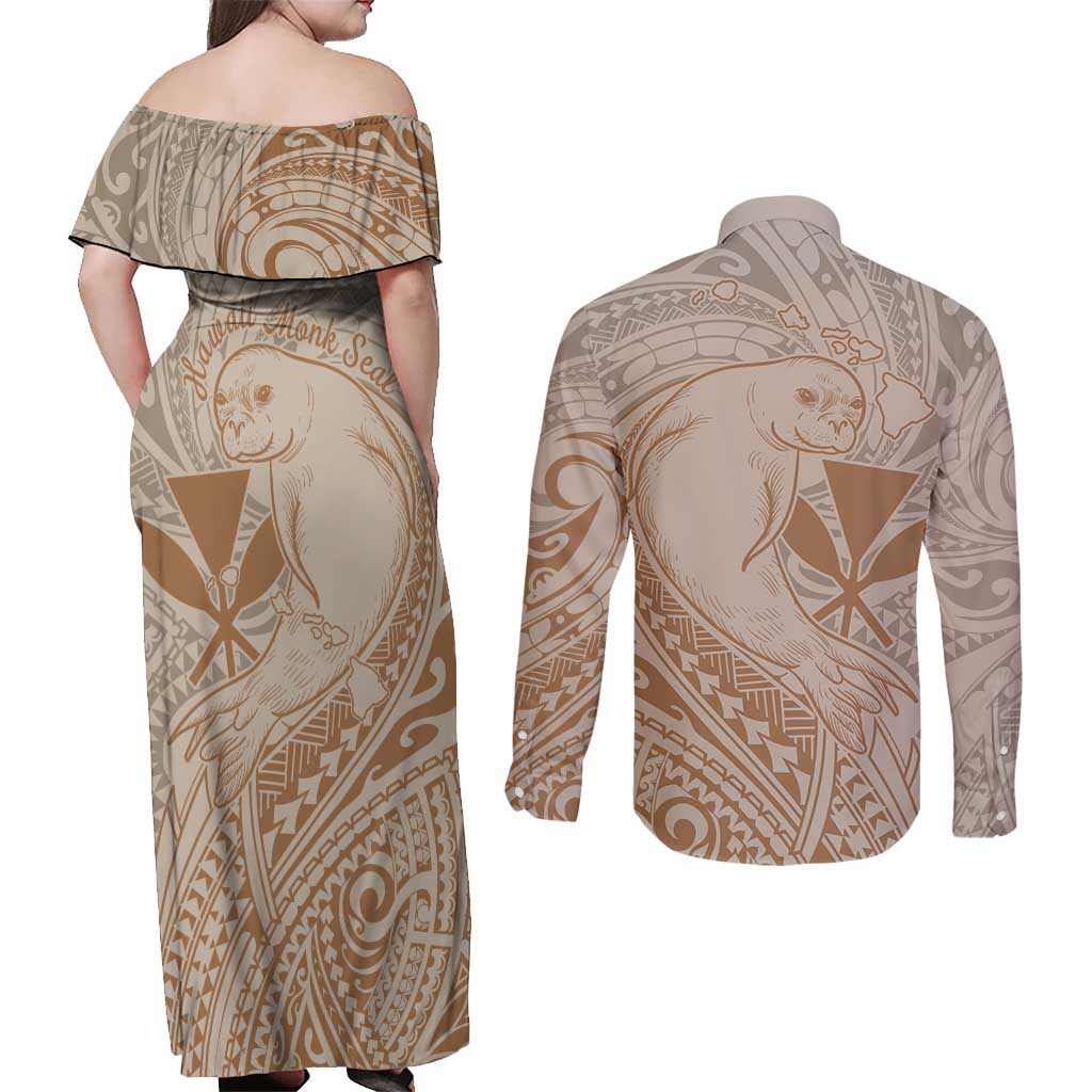 Hawaii Monk Seal and Map Couples Matching Off Shoulder Maxi Dress and Long Sleeve Button Shirt Polynesian Kanaka Maoli Beige Vibe LT9 - Polynesian Pride