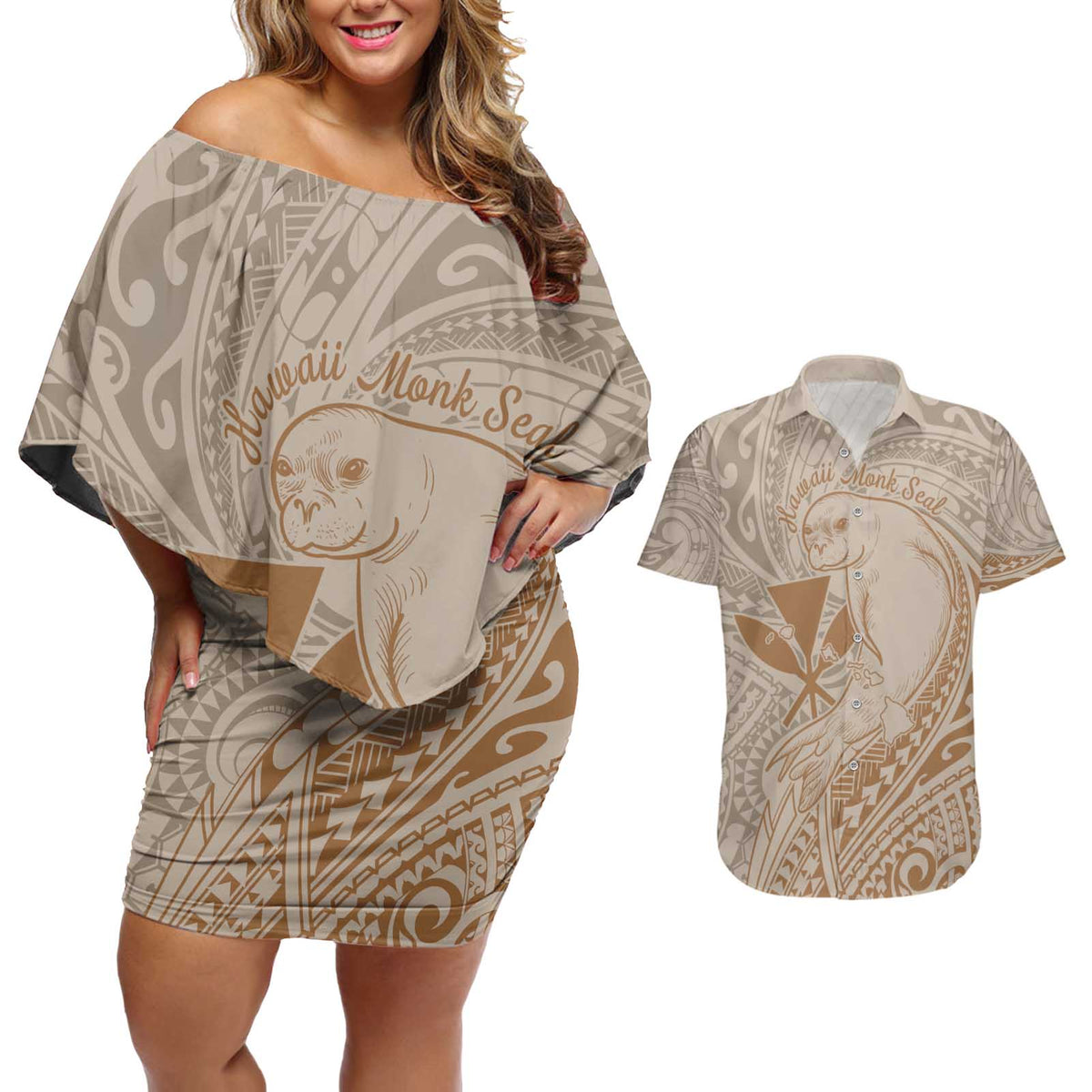 Hawaii Monk Seal and Map Couples Matching Off Shoulder Short Dress and Hawaiian Shirt Polynesian Kanaka Maoli Beige Vibe LT9 Beige - Polynesian Pride
