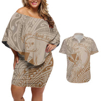 Hawaii Monk Seal and Map Couples Matching Off Shoulder Short Dress and Hawaiian Shirt Polynesian Kanaka Maoli Beige Vibe LT9 Beige - Polynesian Pride