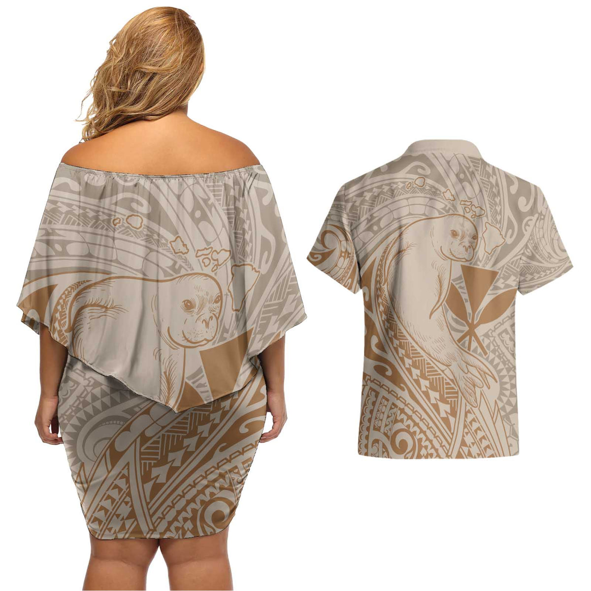 Hawaii Monk Seal and Map Couples Matching Off Shoulder Short Dress and Hawaiian Shirt Polynesian Kanaka Maoli Beige Vibe LT9 - Polynesian Pride