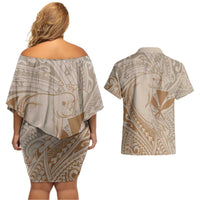Hawaii Monk Seal and Map Couples Matching Off Shoulder Short Dress and Hawaiian Shirt Polynesian Kanaka Maoli Beige Vibe LT9 - Polynesian Pride