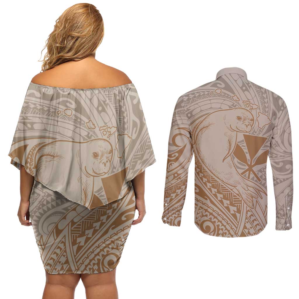 Hawaii Monk Seal and Map Couples Matching Off Shoulder Short Dress and Long Sleeve Button Shirt Polynesian Kanaka Maoli Beige Vibe LT9 - Polynesian Pride