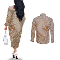 Hawaii Monk Seal and Map Couples Matching Off The Shoulder Long Sleeve Dress and Long Sleeve Button Shirt Polynesian Kanaka Maoli Beige Vibe LT9 - Polynesian Pride
