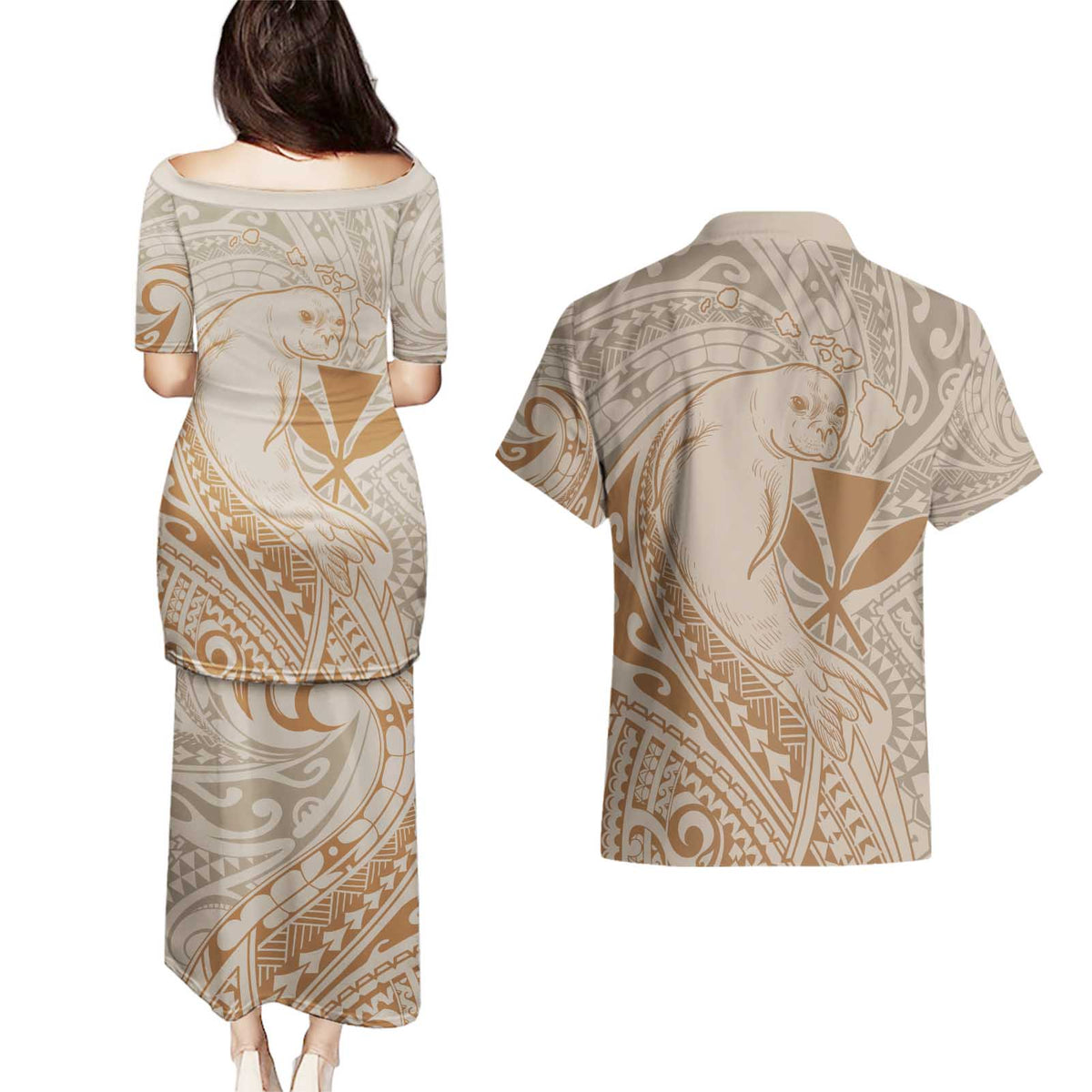 Hawaii Monk Seal and Map Couples Matching Puletasi and Hawaiian Shirt Polynesian Kanaka Maoli Beige Vibe LT9 - Polynesian Pride