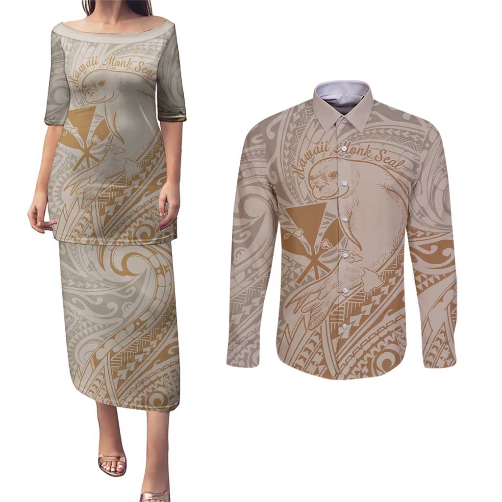 Hawaii Monk Seal and Map Couples Matching Puletasi and Long Sleeve Button Shirt Polynesian Kanaka Maoli Beige Vibe LT9 Beige - Polynesian Pride