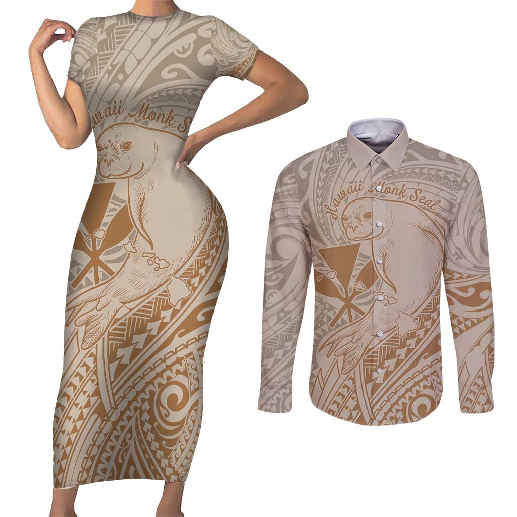 Hawaii Monk Seal and Map Couples Matching Short Sleeve Bodycon Dress and Long Sleeve Button Shirt Polynesian Kanaka Maoli Beige Vibe LT9 Beige - Polynesian Pride