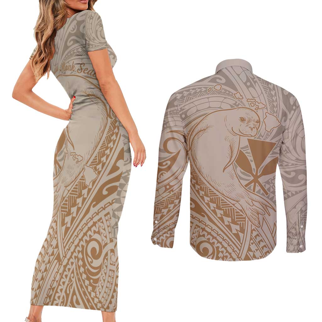 Hawaii Monk Seal and Map Couples Matching Short Sleeve Bodycon Dress and Long Sleeve Button Shirt Polynesian Kanaka Maoli Beige Vibe LT9 - Polynesian Pride