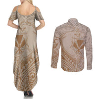 Hawaii Monk Seal and Map Couples Matching Summer Maxi Dress and Long Sleeve Button Shirt Polynesian Kanaka Maoli Beige Vibe LT9 - Polynesian Pride