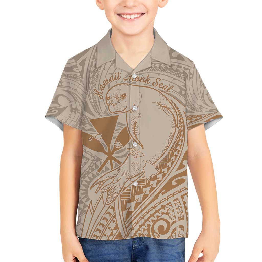 Hawaii Monk Seal and Map Family Matching Off Shoulder Maxi Dress and Hawaiian Shirt Polynesian Kanaka Maoli Beige Vibe LT9 Son's Shirt Beige - Polynesian Pride
