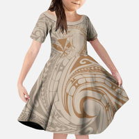 Hawaii Monk Seal and Map Family Matching Puletasi and Hawaiian Shirt Polynesian Kanaka Maoli Beige Vibe LT9 Daughter's Dress Beige - Polynesian Pride
