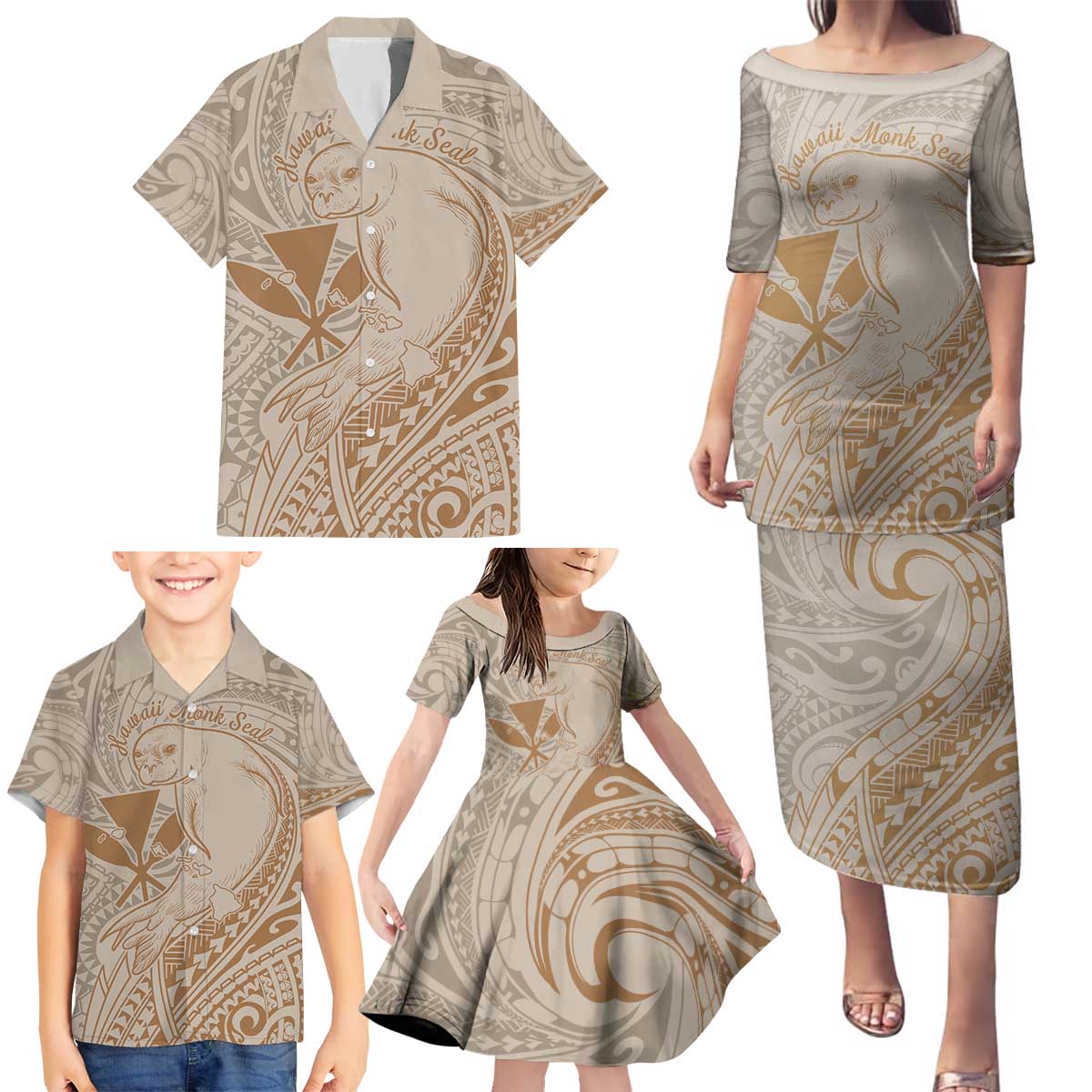Hawaii Monk Seal and Map Family Matching Puletasi and Hawaiian Shirt Polynesian Kanaka Maoli Beige Vibe LT9 - Polynesian Pride
