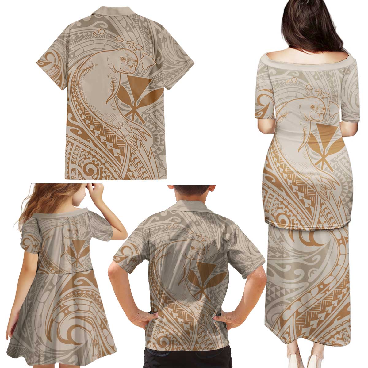 Hawaii Monk Seal and Map Family Matching Puletasi and Hawaiian Shirt Polynesian Kanaka Maoli Beige Vibe LT9 - Polynesian Pride